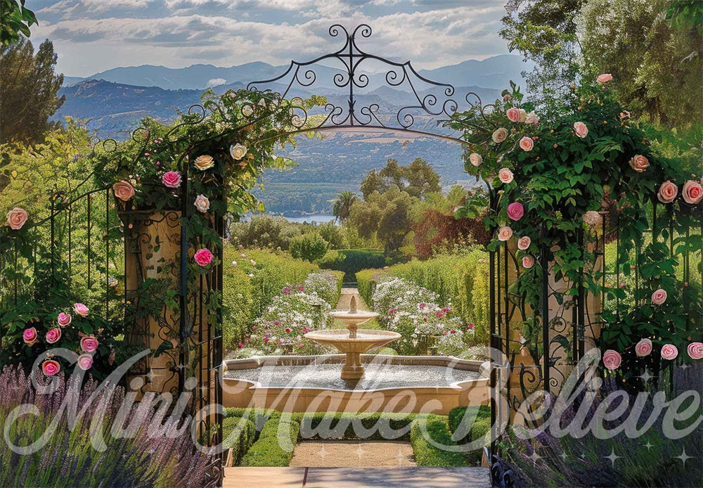 Kate Spring Forest Mountain Green Plant Pink White Flower Open Garden Arched Gate Backdrop Designed by Mini MakeBelieve