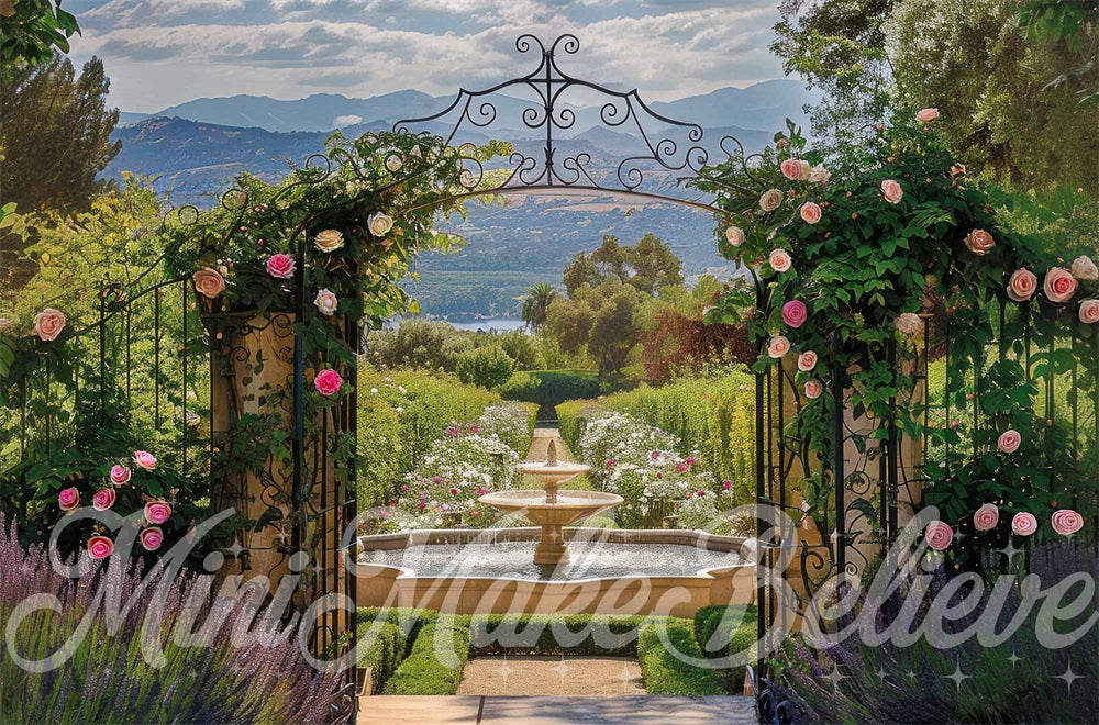 Kate Spring Forest Mountain Green Plant Pink White Flower Open Garden Arched Gate Backdrop Designed by Mini MakeBelieve