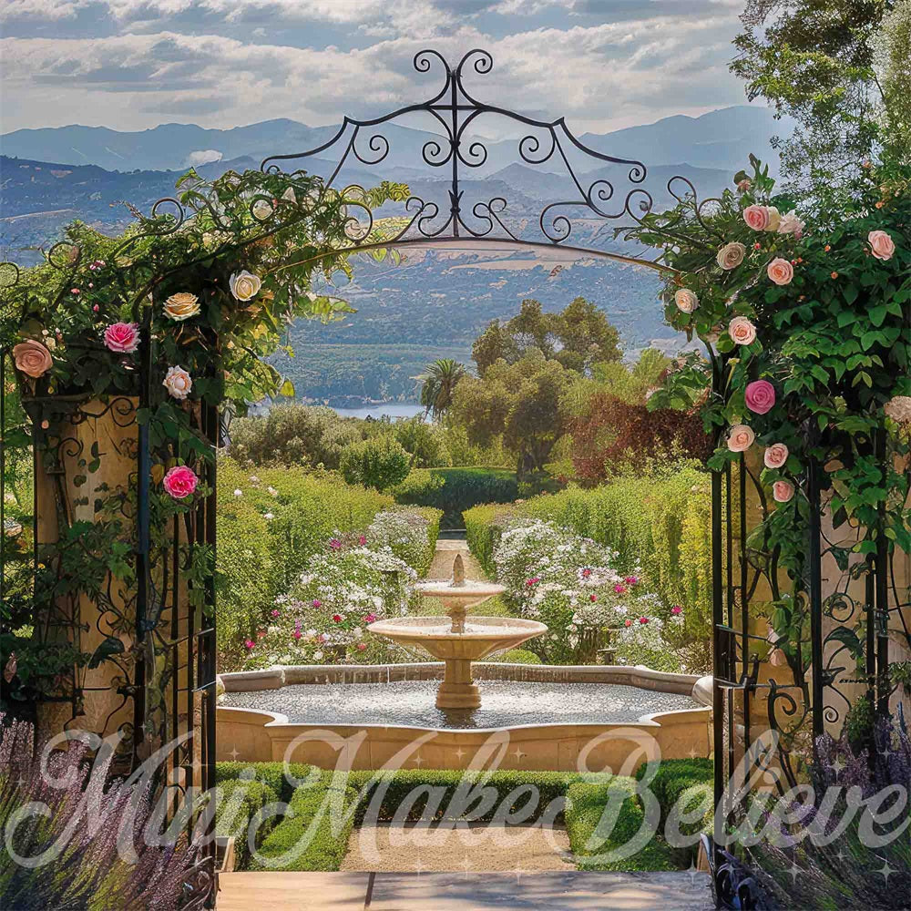 Kate Spring Forest Mountain Green Plant Pink White Flower Open Garden Arched Gate Backdrop Designed by Mini MakeBelieve