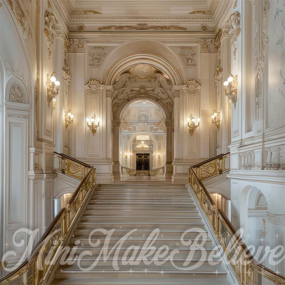 Kate Vintage White Gold Arched Marble Staircase Backdrop Designed by Mini MakeBelieve