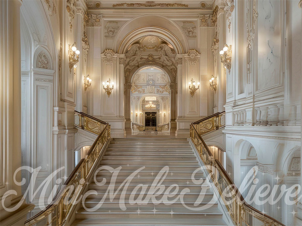Kate Vintage White Gold Arched Marble Staircase Backdrop Designed by Mini MakeBelieve