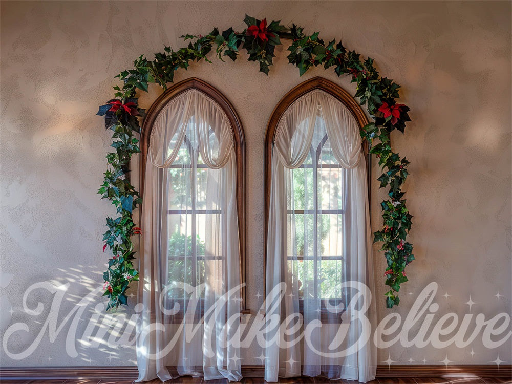 Kate Spring Interior Green Plant White Curtain Arched Window Light Grey Wall Backdrop Designed by Mini MakeBelieve