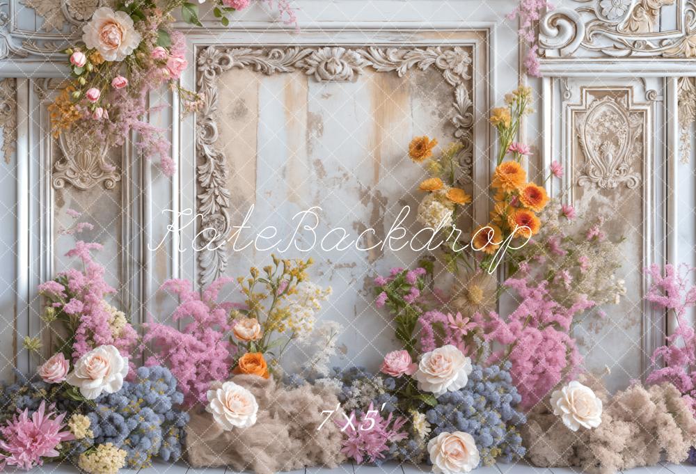 Kate Spring Fine Art Colorful Flower White Vintage Striped Wall Backdrop Designed by Emetselch