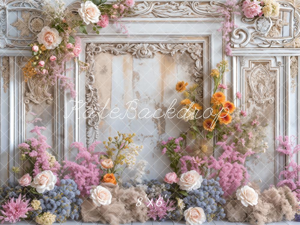 Kate Spring Fine Art Colorful Flower White Vintage Striped Wall Backdrop Designed by Emetselch