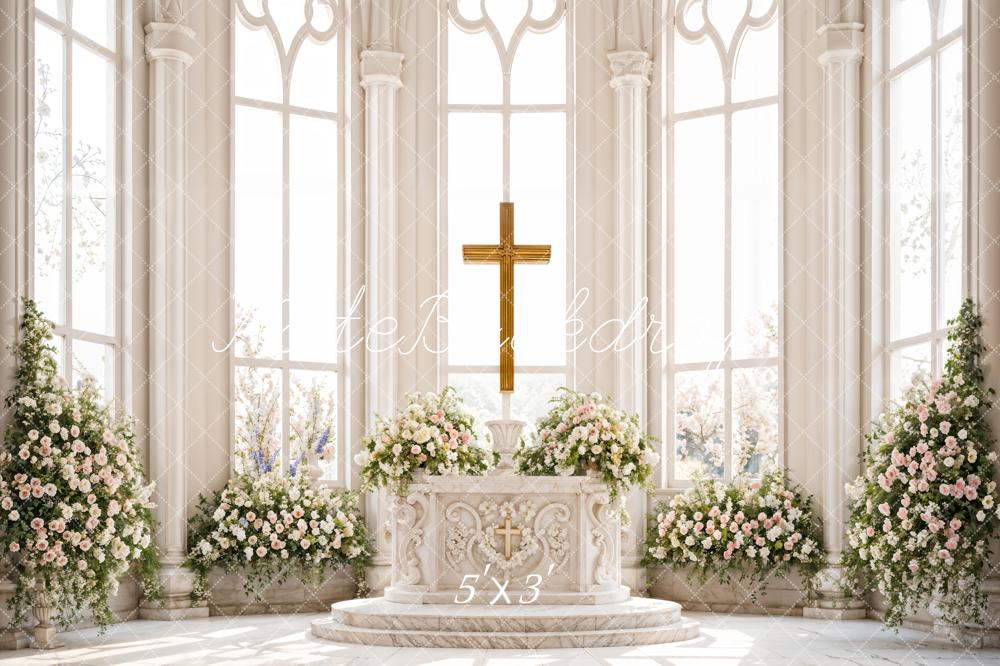 Kate Easter Gold Cross Green Plant Colorful Flower White Retro Window Church Backdrop Designed by Emetselch