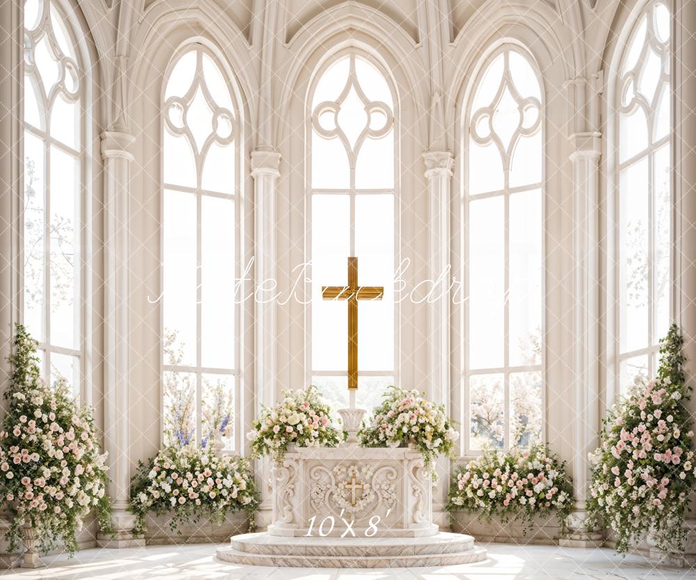 Kate Easter Gold Cross Green Plant Colorful Flower White Retro Window Church Backdrop Designed by Emetselch