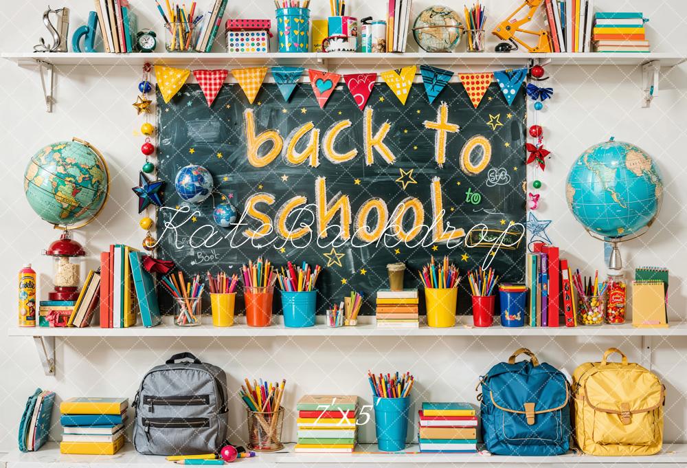 Kate Back to School Globe Colorful Book Pencil Bag Graffiti Blackboard Backdrop Designed by Emetselch