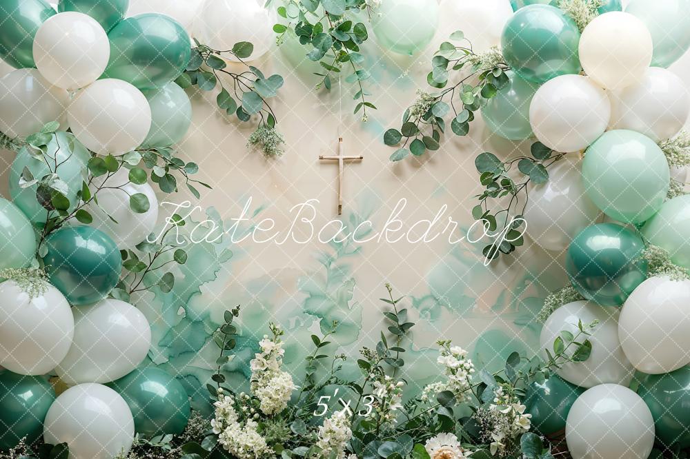 Kate Spring Easter Cross Green Plant White Flower Colorful Balloon Backdrop Designed by Emetselch