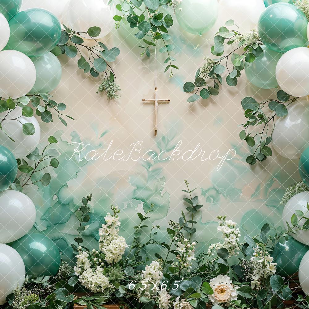 Kate Spring Easter Cross Green Plant White Flower Colorful Balloon Backdrop Designed by Emetselch