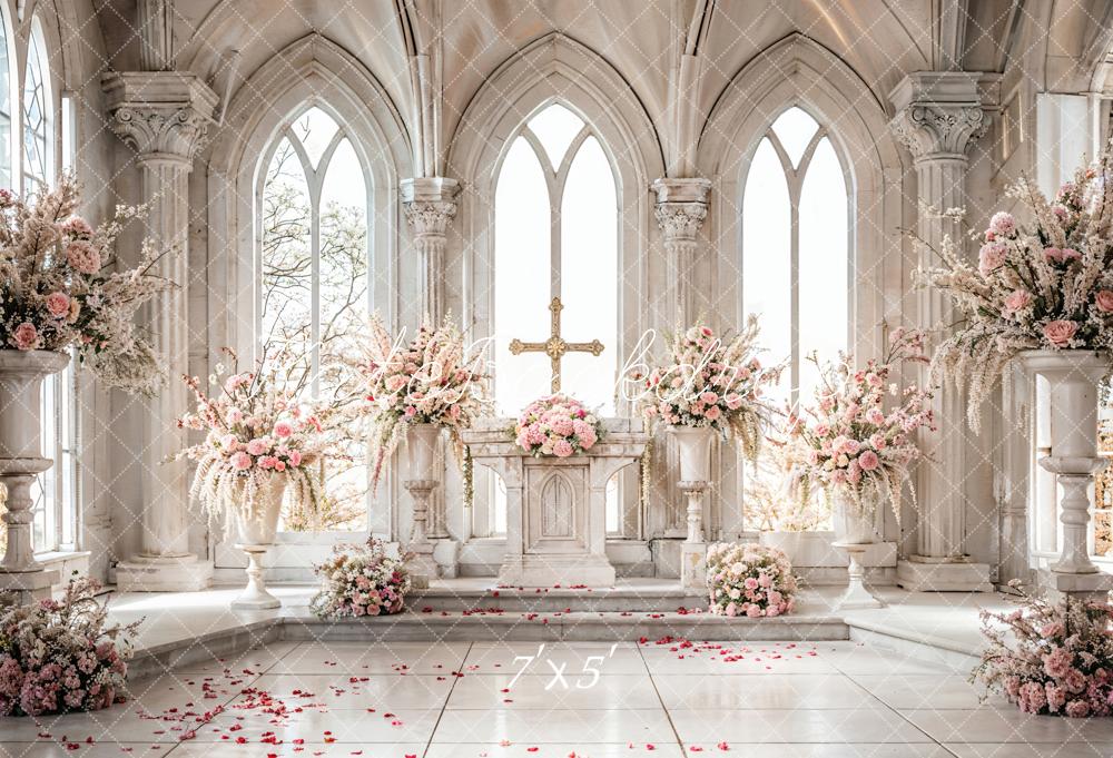 Lightning Deal #3 Kate Easter Cross White Pink Floral Vintage Beige Arched Stone Window Church Backdrop Designed by Emetselch