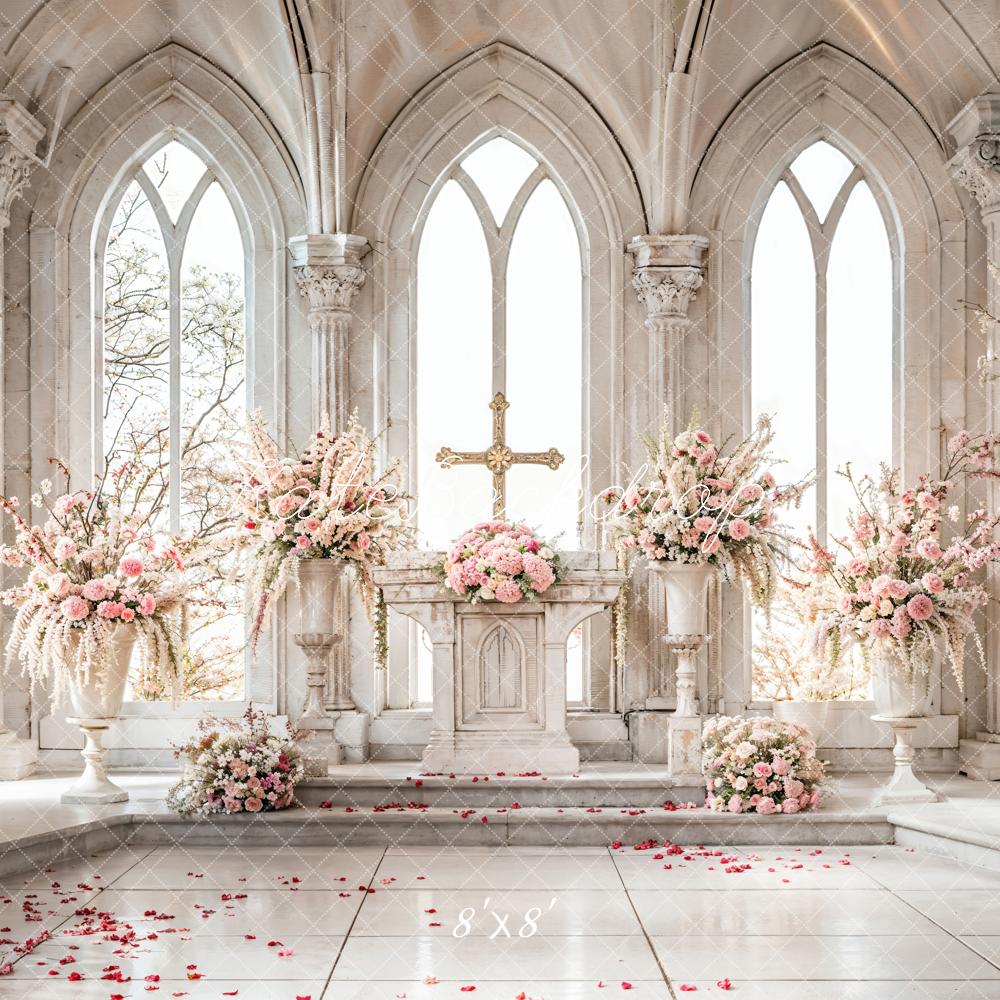 Kate Easter Cross White Pink Floral Vintage Beige Arched Stone Window Church Backdrop Designed by Emetselch