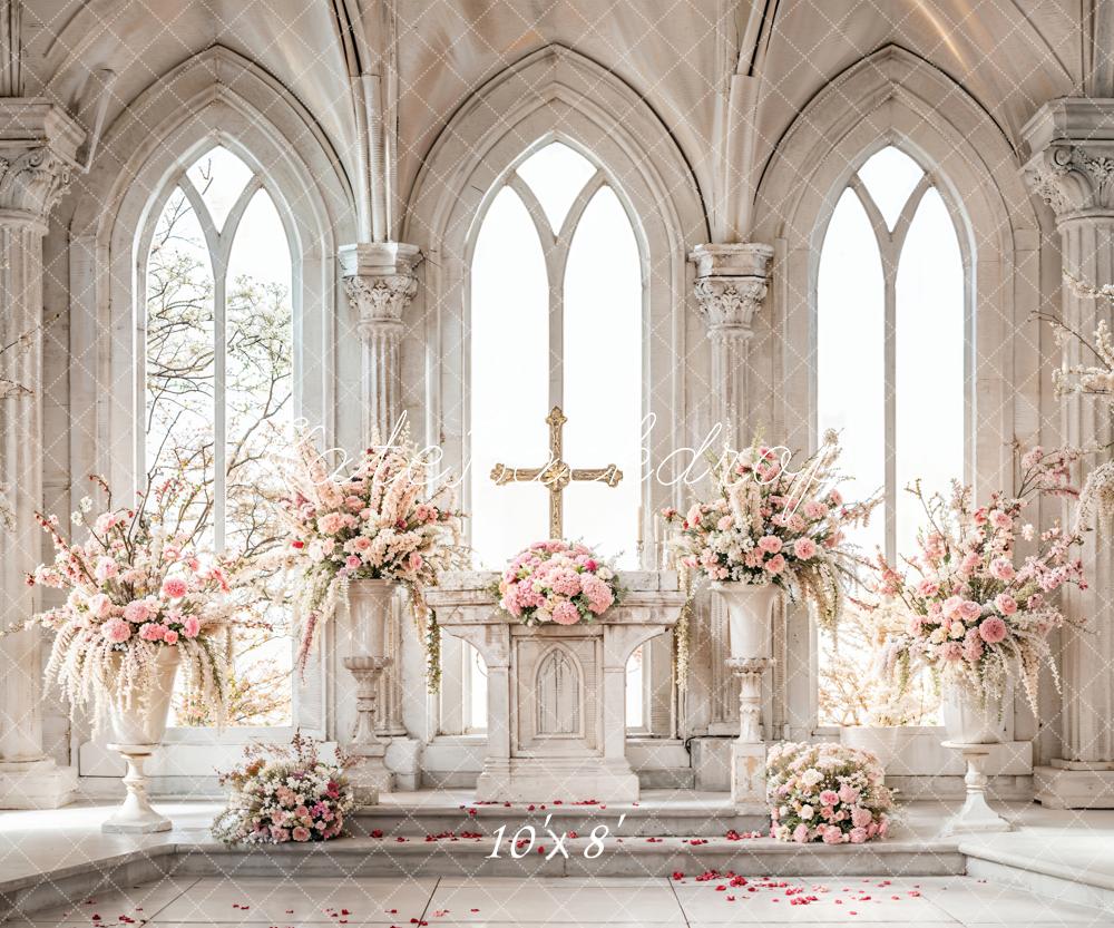 Kate Easter Cross White Pink Floral Vintage Beige Arched Stone Window Church Backdrop Designed by Emetselch
