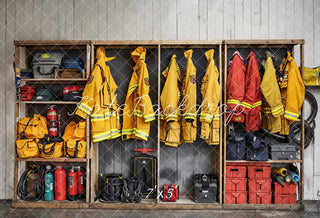 Kate Fire Fighting Lounge Closet Red and Yellow Clothes Tool Wood Striped Wall Printed Backdrop Designed by Emetselch