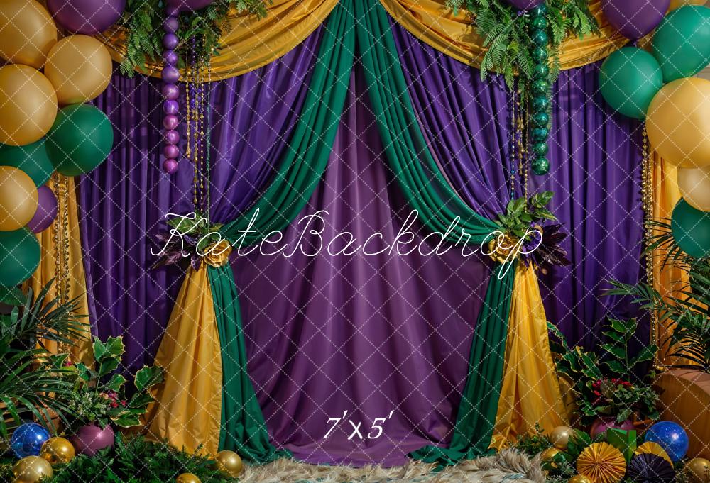 Kate Carnival Yellow Purple Green Plant Balloon Retro Floral Curtain Backdrop Designed by Emetselch