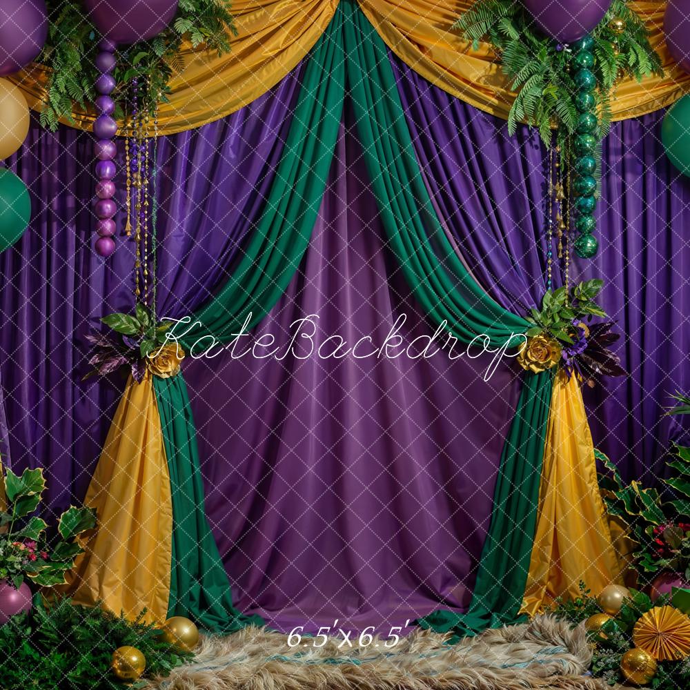 Kate Carnival Yellow Purple Green Plant Balloon Retro Floral Curtain Backdrop Designed by Emetselch