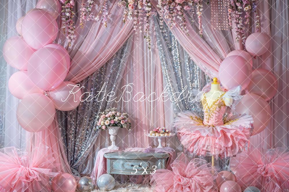 Kate Colorful Flower Silver and Pink Balloon Bokeh Glitter Curtain Ballet Dress Backdrop Designed by Emetselch