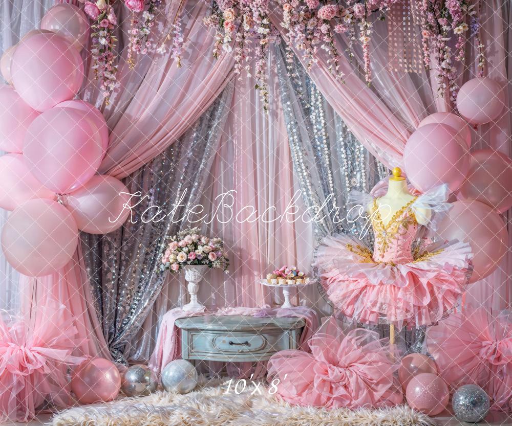Kate Colorful Flower Silver and Pink Balloon Bokeh Glitter Curtain Ballet Dress Backdrop Designed by Emetselch