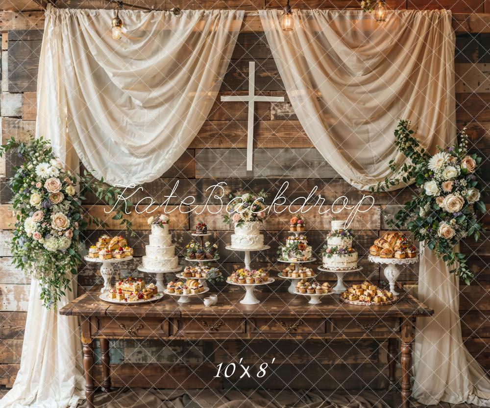 Kate Easter Cross Colorful Flower White Curtain Cake Brown Wooden Table Striped Wall Backdrop Designed by Emetselch