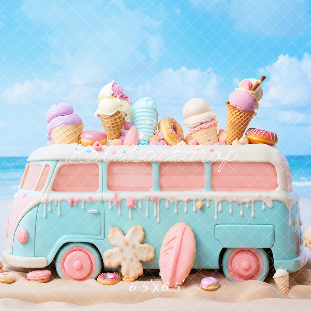 Kate Summer Seaside Pink Blue Cartoon Toy Ice Cream Car Backdrop Designed by Chain Photography