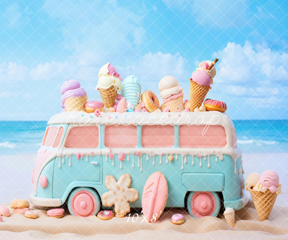Kate Summer Seaside Pink Blue Cartoon Toy Ice Cream Car Backdrop Designed by Chain Photography