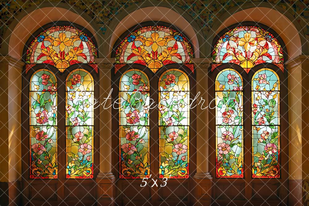 Lightning Deal #3 Kate Easter Indoor Vintage Stained Floral Arched Glass Window Backdrop Designed by Emetselch