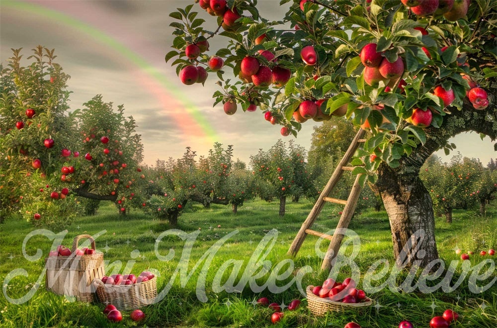 Kate Summer Green Meadow Rainbow Wooden Ladder Red Apple Orchard Backdrop Designed by Mini MakeBelieve