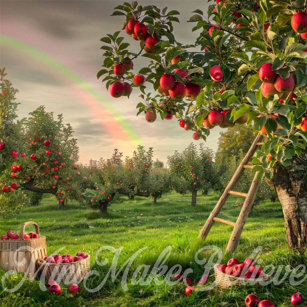Kate Summer Green Meadow Rainbow Wooden Ladder Red Apple Orchard Backdrop Designed by Mini MakeBelieve