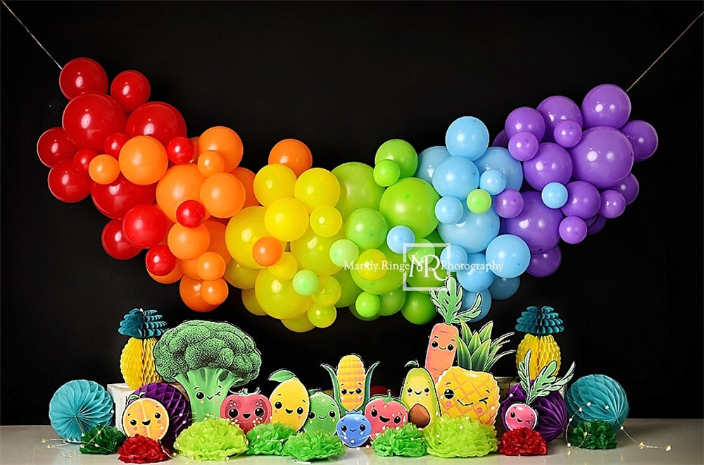 Kate Cartoon Fruits and Vegetables Colorful Rainbow Balloon Black Wall Backdrop Designed by Mandy Ringe Photography