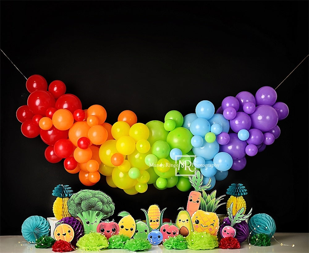 Kate Cartoon Fruits and Vegetables Colorful Rainbow Balloon Black Wall Backdrop Designed by Mandy Ringe Photography