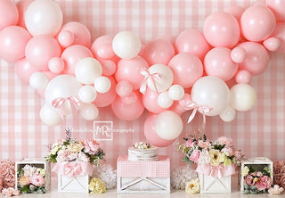 Kate Sweet Fine Art Floral Pink and White Balloon Bow Plaid Wall Printed Backdrop Designed by Mandy Ringe Photography