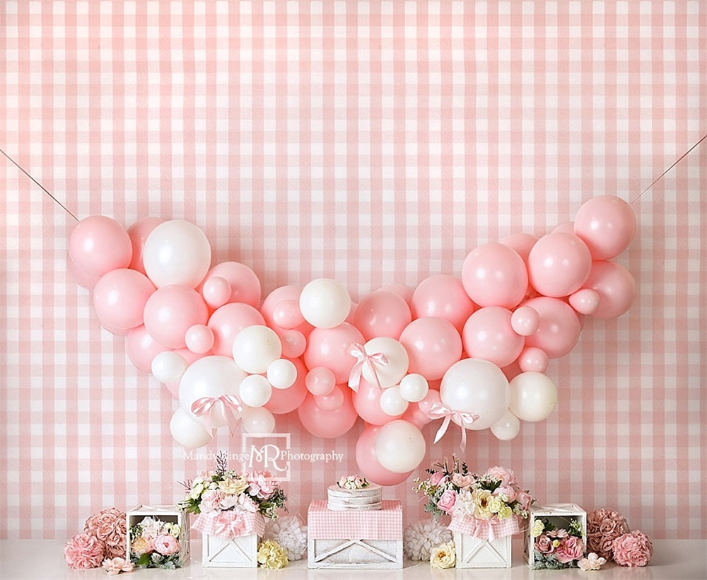 Kate Sweet Fine Art Floral Pink and White Balloon Bow Plaid Wall Backdrop Designed by Mandy Ringe Photography
