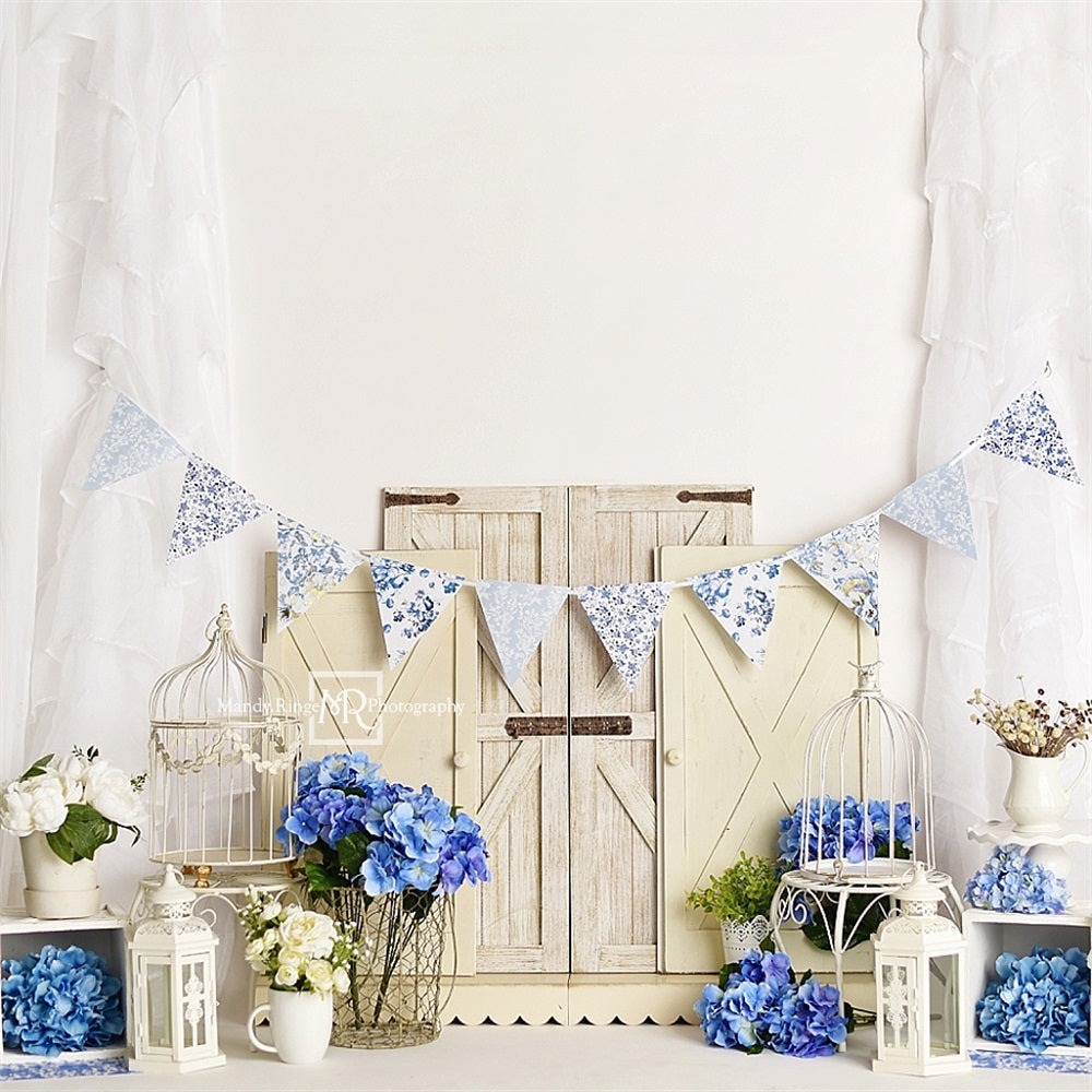 Kate Spring Fine Art Blue Flower Light Brown Barn Door White Curtain Wall Backdrop Designed by Mandy Ringe Photography