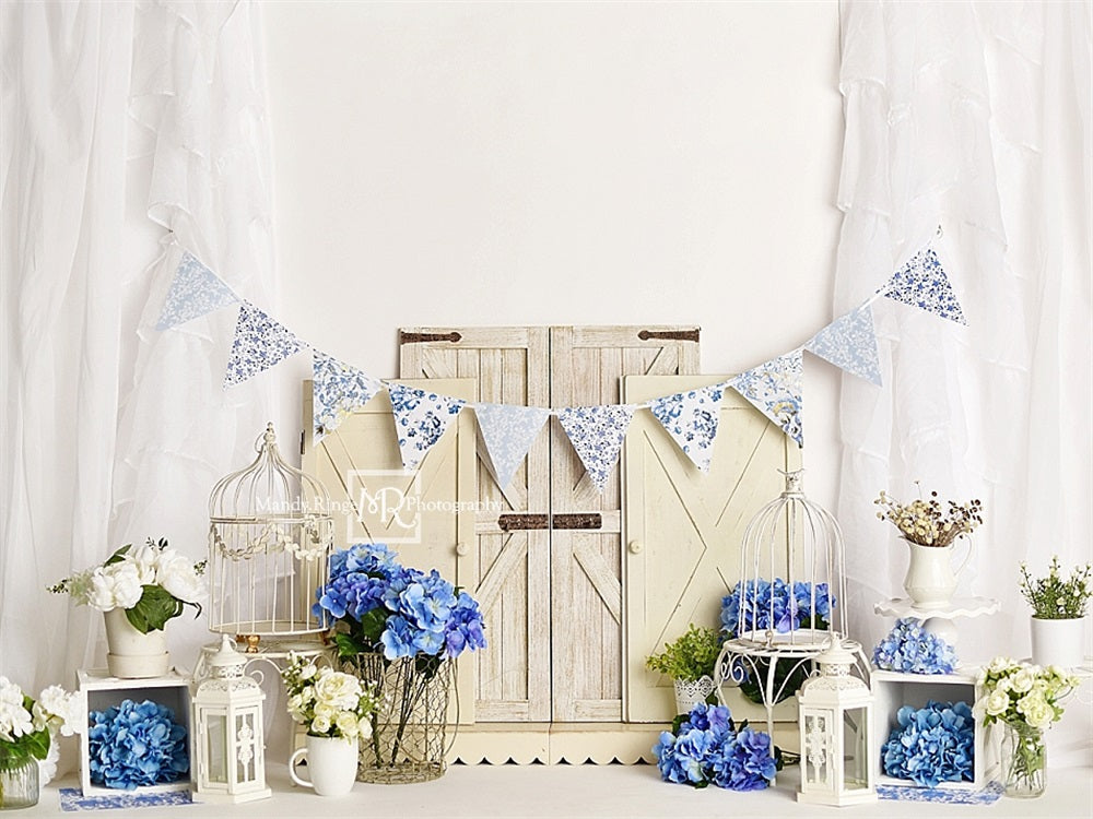 Kate Spring Fine Art Blue Flower Light Brown Barn Door White Curtain Wall Backdrop Designed by Mandy Ringe Photography