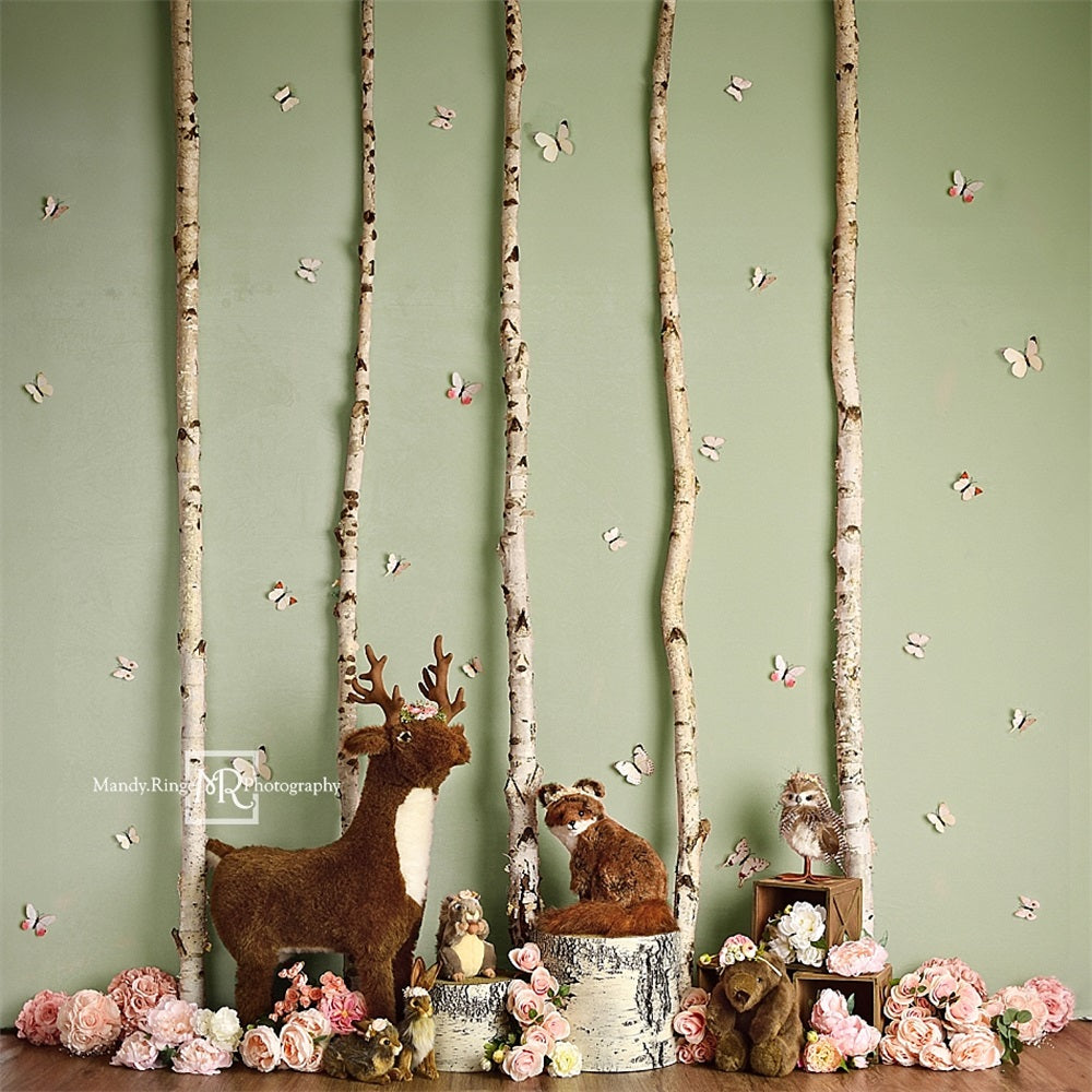 Kate Spring Pink Flower Butterfly Tree Cartoon Forest Animal Backdrop Designed by Mandy Ringe Photography