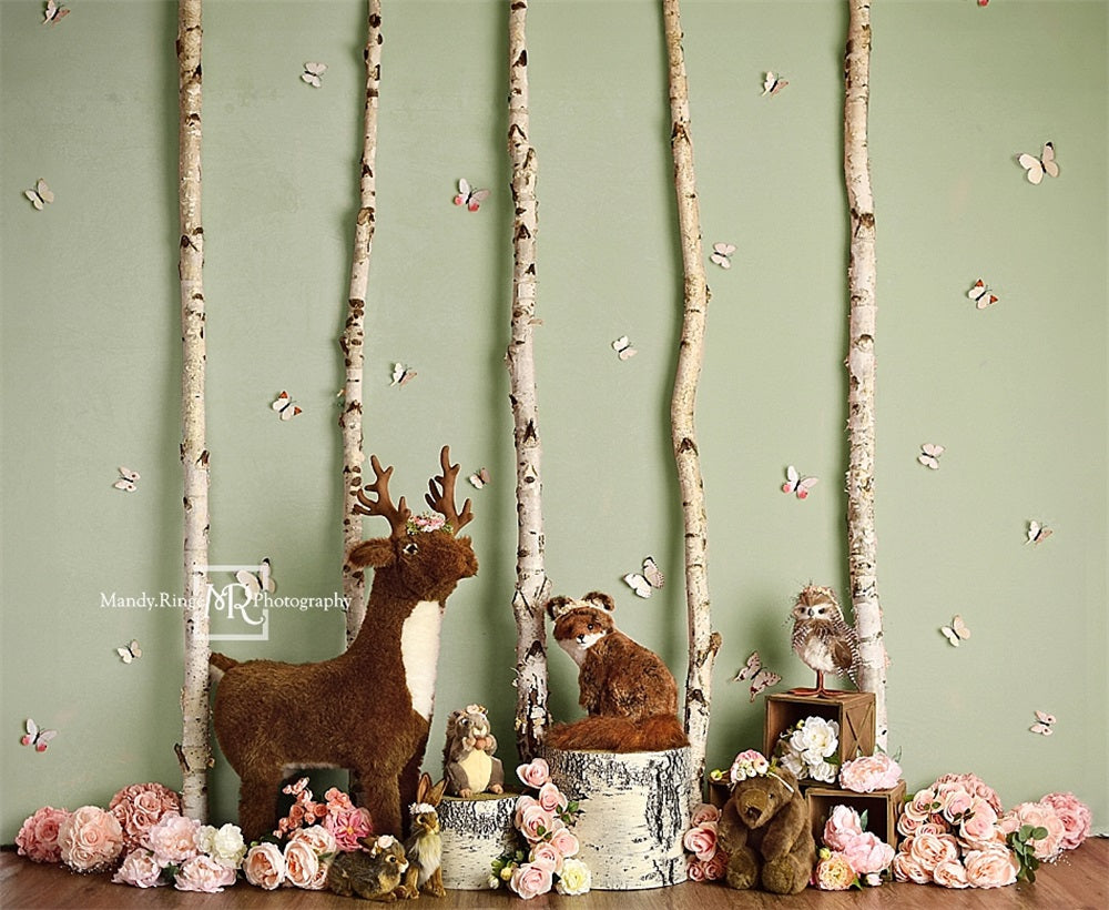 Kate Spring Pink Flower Butterfly Tree Cartoon Forest Animal Backdrop Designed by Mandy Ringe Photography