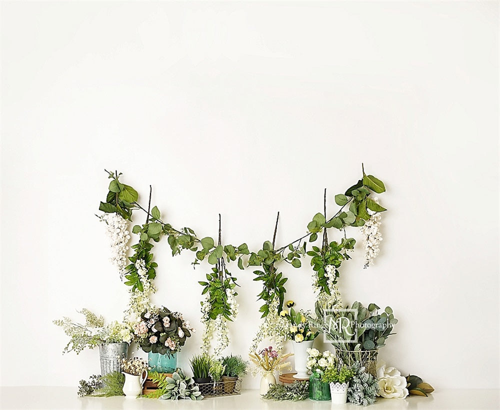 Kate Spring Green Plant Colorful Flower White Wall Backdrop Designed by Mandy Ringe Photography