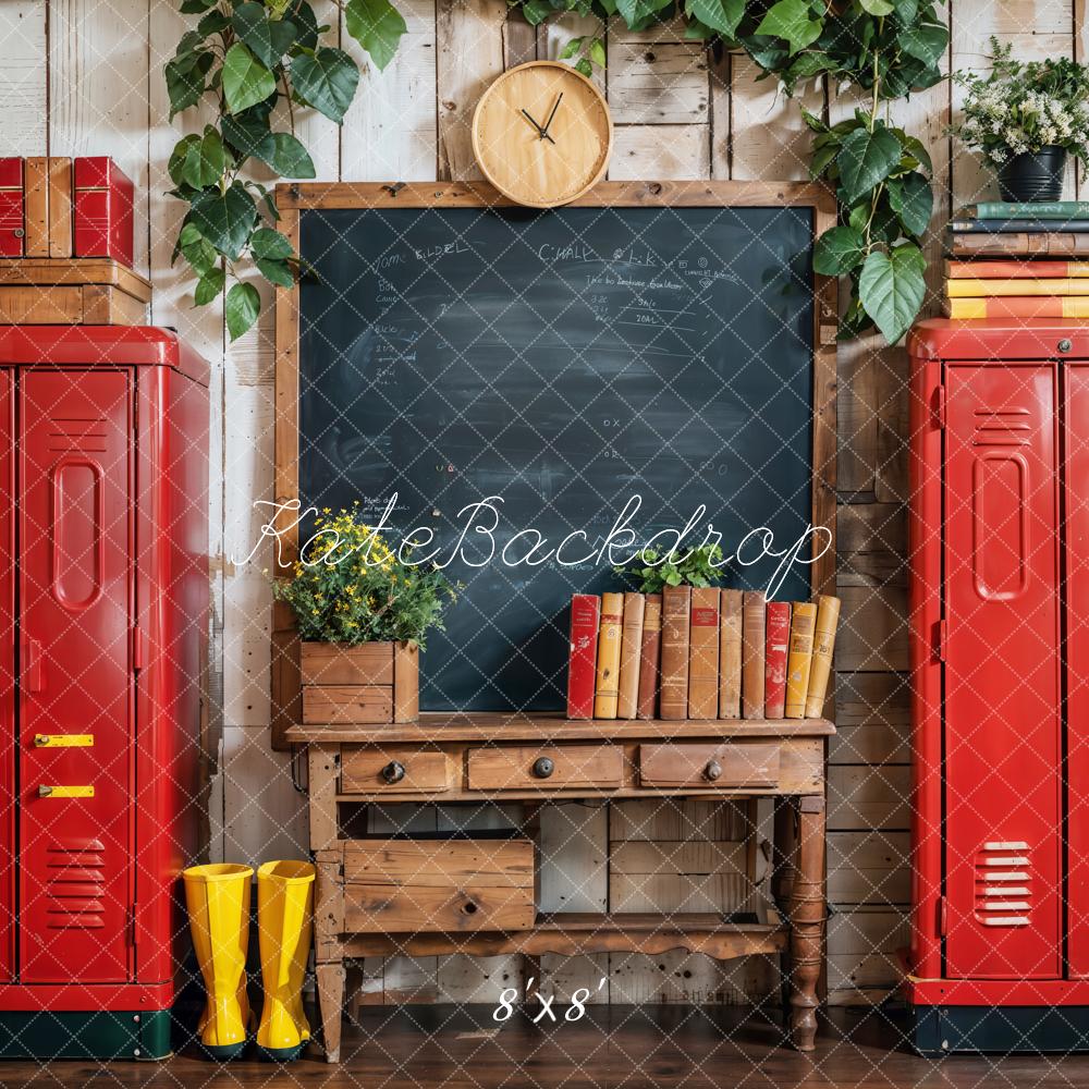 Kate Back to School Red Locker Yellow Boot Green Plant Book Blackboard Brown Desk Wooden Striped Wall Backdrop Designed by Emetselch