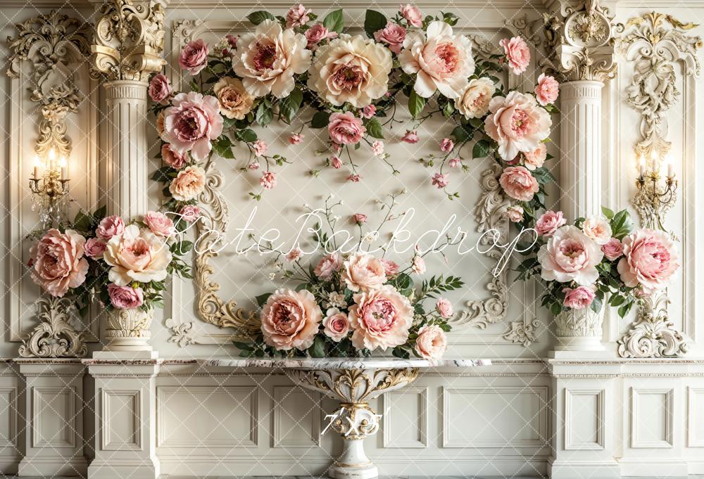 Kate Spring Fine Art Pink Floral Arch White Retro Wall Backdrop Designed by Emetselch