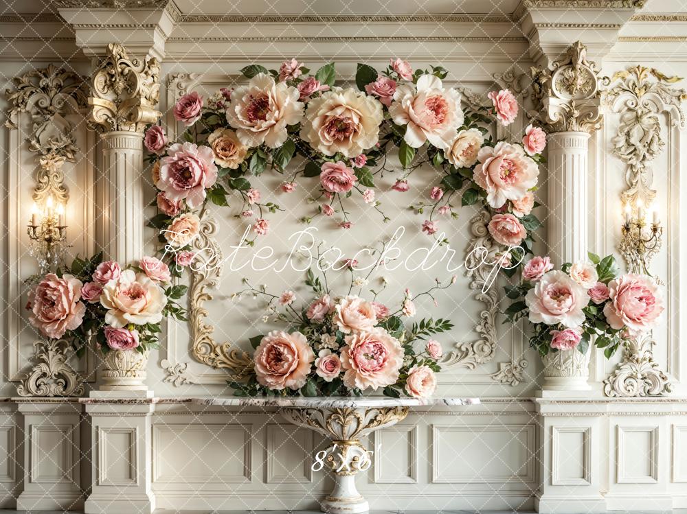 Kate Spring Fine Art Pink Floral Arch White Retro Wall Backdrop Designed by Emetselch