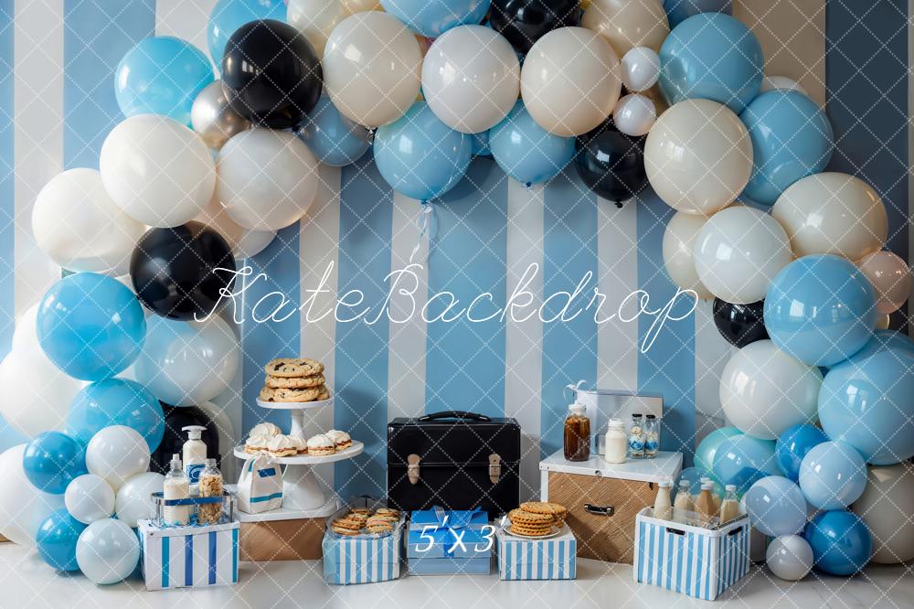 Kate Birthday Cake Smash Cookie Briefcase Bottle Gift Colorful Balloon Arch Blue White Stripe Wall Backdrop Designed by Emetselch