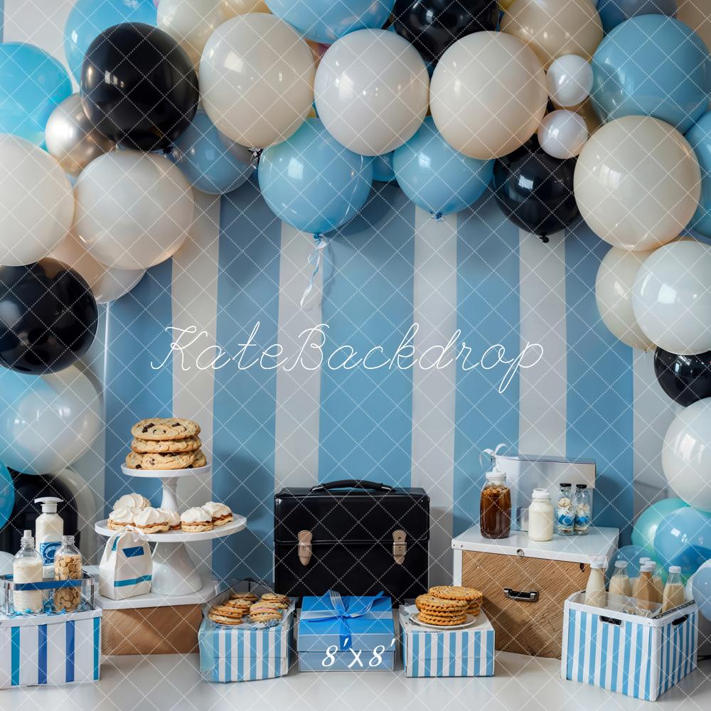 Kate Birthday Cake Smash Cookie Briefcase Bottle Gift Colorful Balloon Arch Blue White Stripe Wall Backdrop Designed by Emetselch