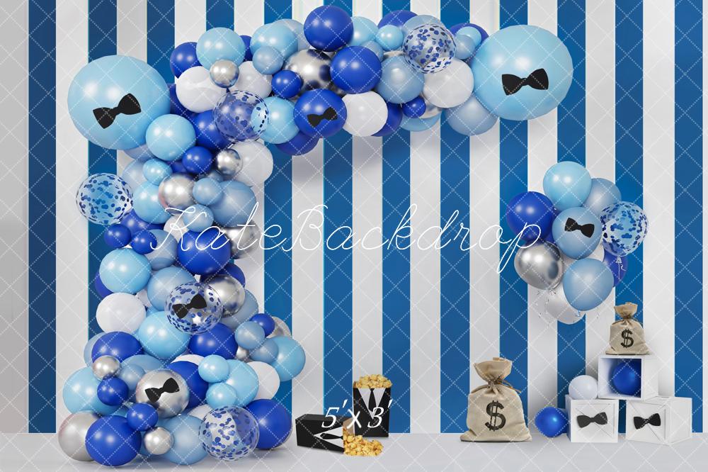 Kate Birthday Colorful Balloon Arch Black Bow Popcorn Blue White Striped Wall Cake Smash Backdrop Designed by Emetselch