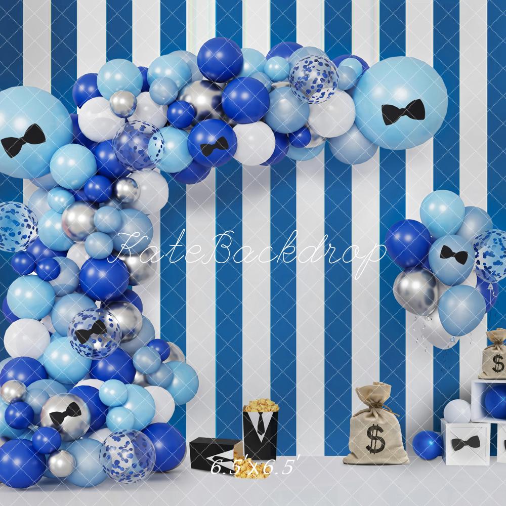 Kate Birthday Colorful Balloon Arch Black Bow Popcorn Blue White Striped Wall Cake Smash Backdrop Designed by Emetselch