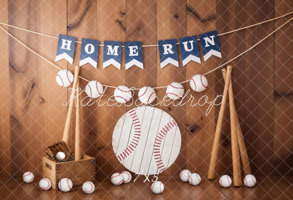 Kate Baseball Sport Home Run Sign Brown Wooden Striped Wall Backdrop Designed by Emetselch