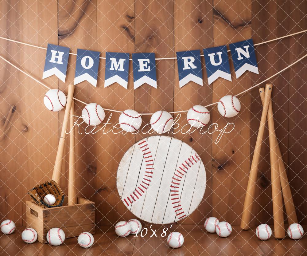Kate Baseball Sport Home Run Sign Brown Wooden Striped Wall Backdrop Designed by Emetselch