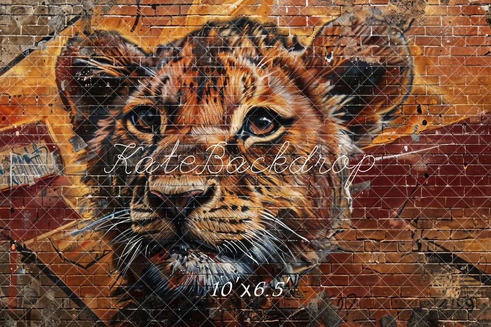 Retro Graffiti Lion Brown and Red Broken Brick Wall Backdrop Designato da Chain Photography