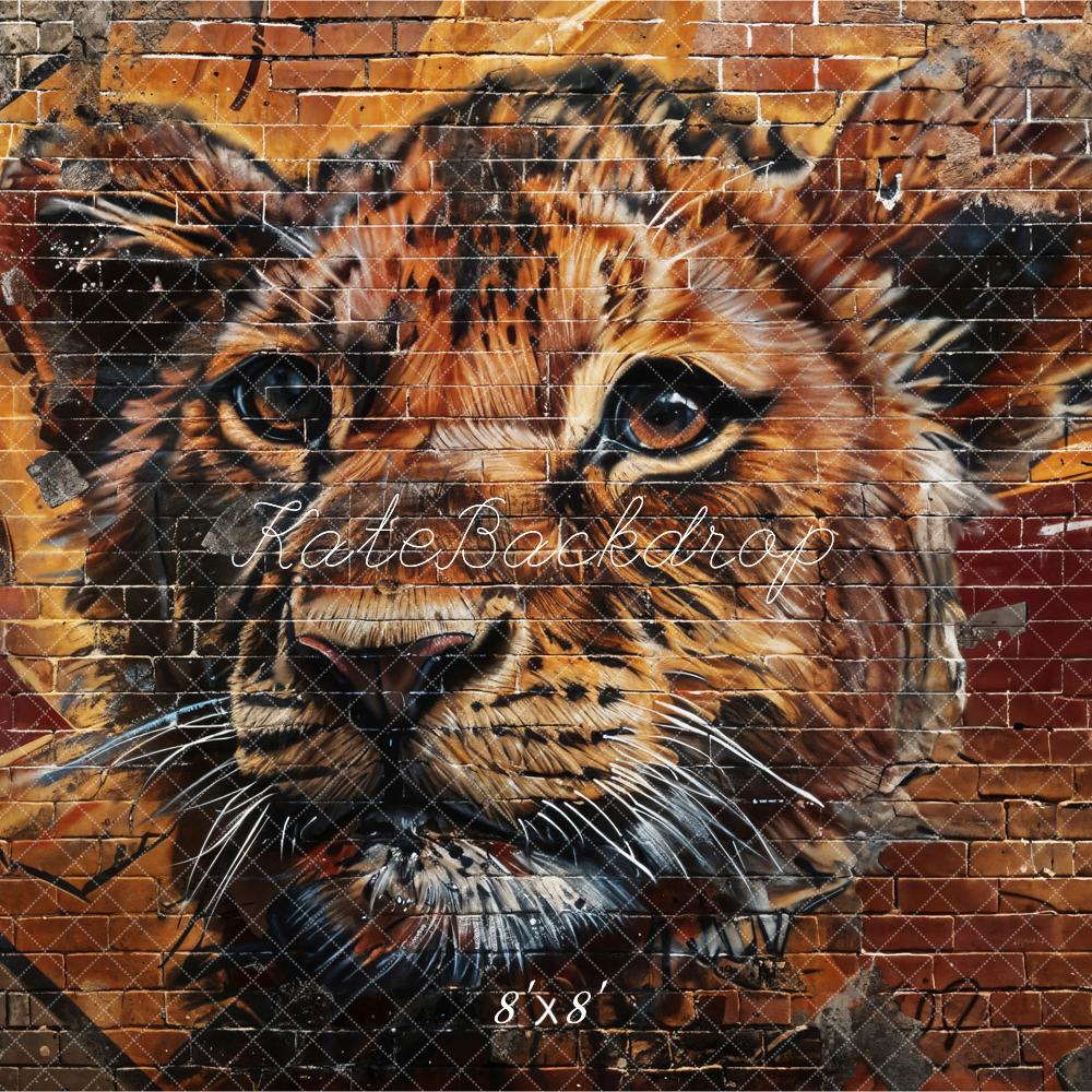 Kate Retro Graffiti Lion Brown and Red Broken Brick Wall Backdrop Designed by Chain Photography