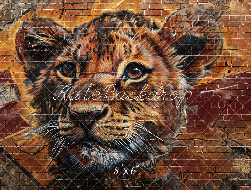 Retro Graffiti Lion Brown and Red Broken Brick Wall Backdrop Designato da Chain Photography