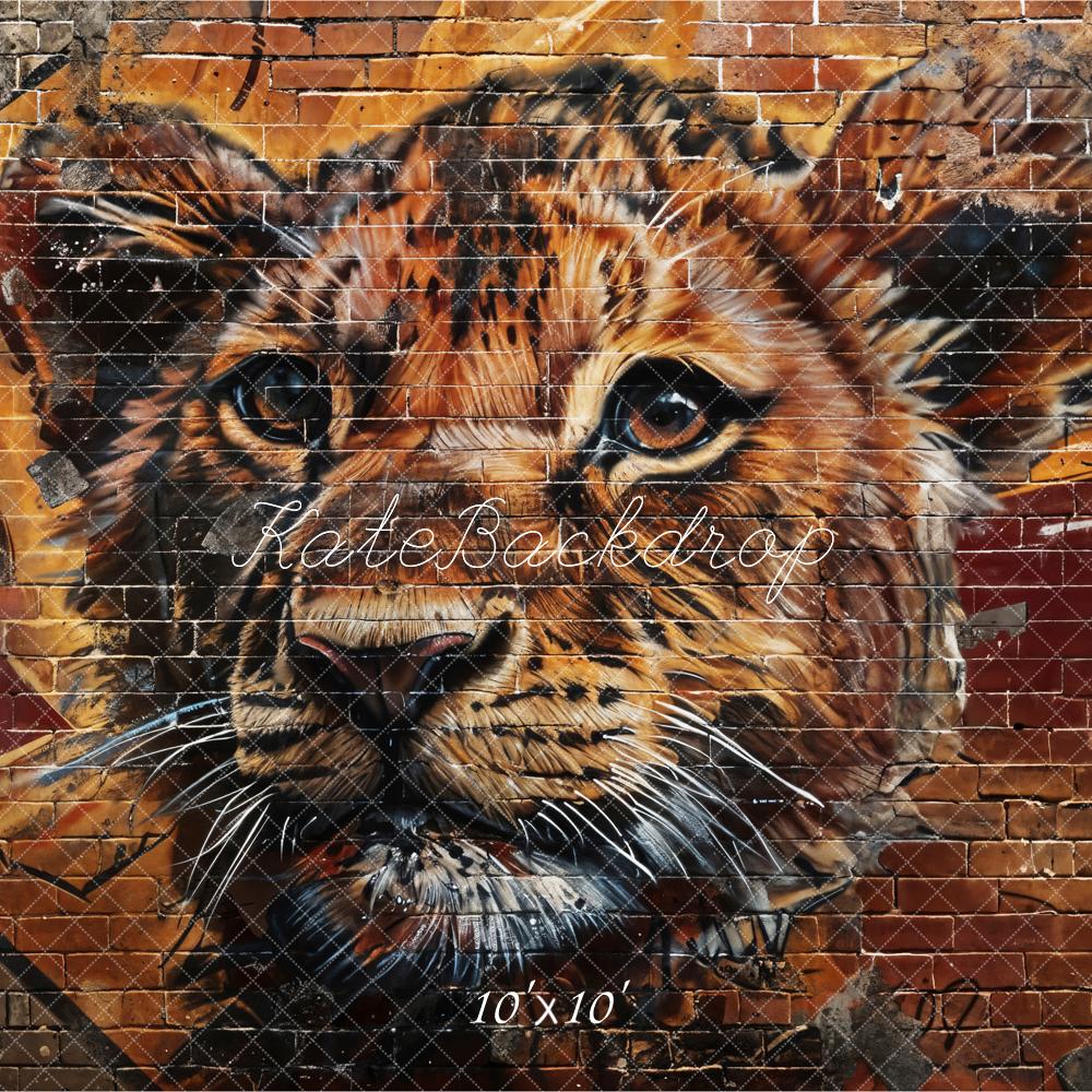 Retro Graffiti Lion Brown and Red Broken Brick Wall Backdrop Designato da Chain Photography