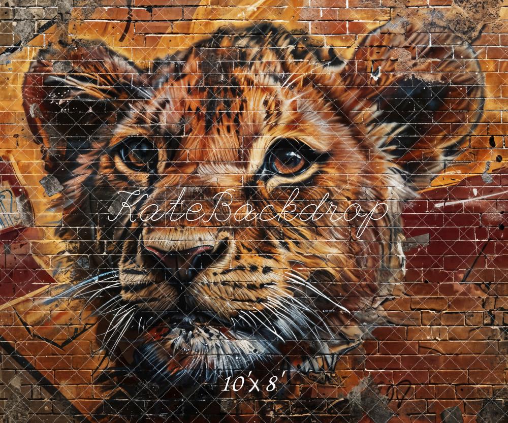 Retro Graffiti Lion Brown and Red Broken Brick Wall Backdrop Designato da Chain Photography